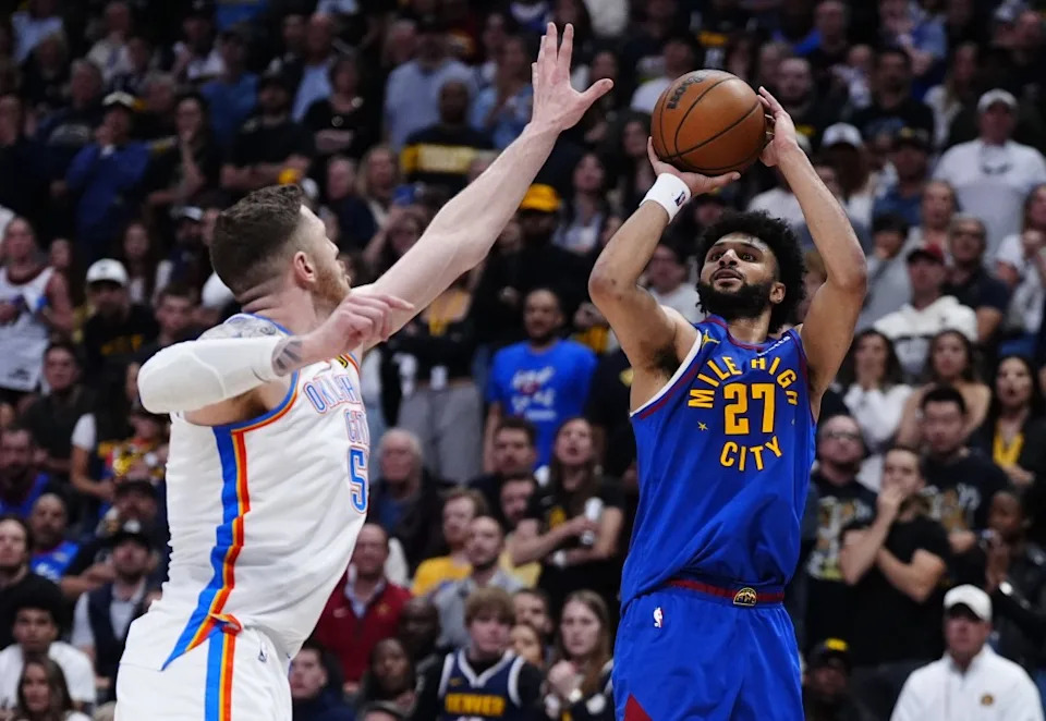 Jamal Murray, who scored 27 points, shoots over Isaiah Hartenstein during the Nuggets’ 113-104 Game 3 overtime win over the Thunder on May 9, 2025. Ron Chenoy-Imagn Images