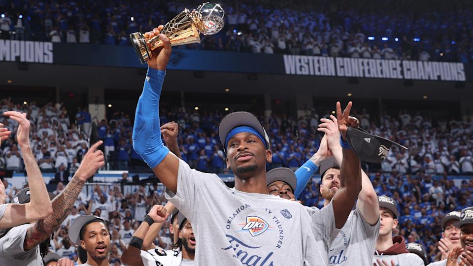 Shai Gilgeous-Alexander of the Oklahoma City Thunder is awarded the Earvin "Magic" Johnson Trophy for the NBA Western Conference Finals Most Valuable Player.