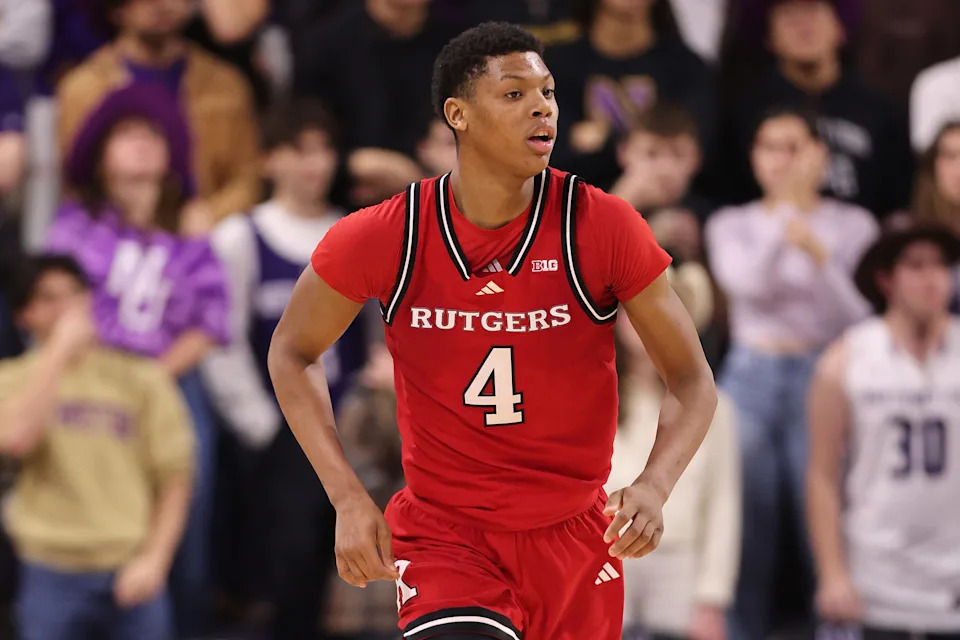 EVANSTON, ILLINOIS - JANUARY 29: Ace Bailey #4 of the Rutgers Scarlet Knights looks on against the Northwestern Wildcats during the second half at Welsh-Ryan Arena on January 29, 2025 in Evanston, Illinois. (Photo by Michael Reaves/Getty Images)