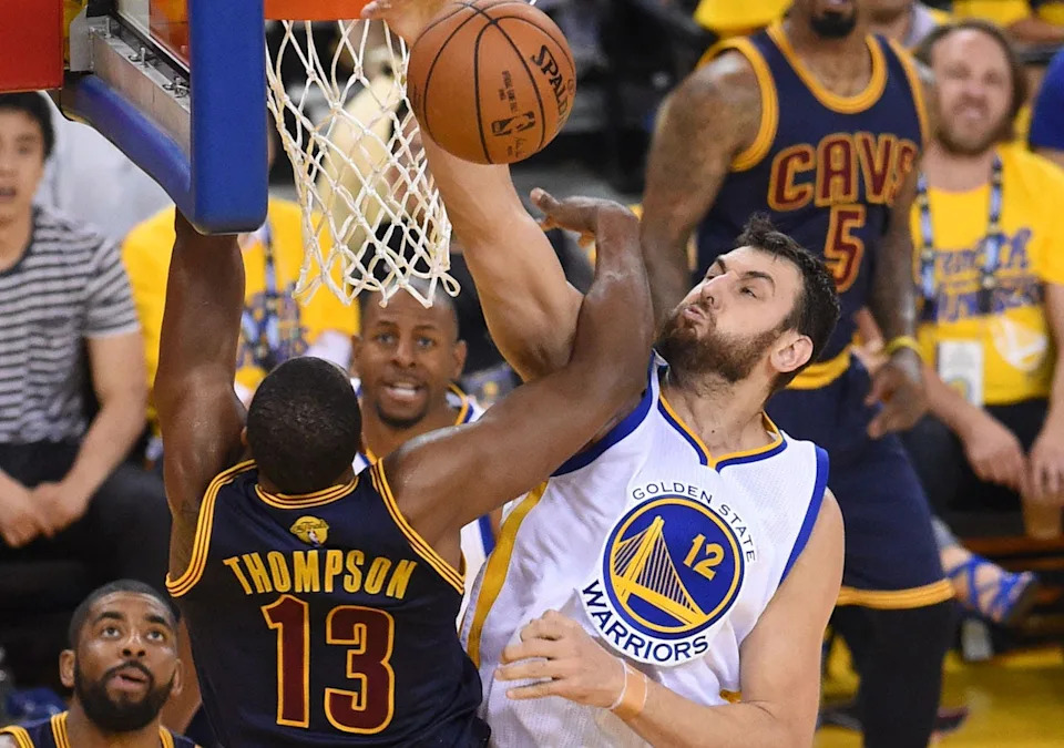Jun 5, 2016; Oakland, CA, USA; Cleveland Cavaliers center Tristan Thompson (13) shoots as Golden State Warriors center Andrew Bogut (12) defends in the first half in game two of the NBA Finals at Oracle Arena. Mandatory Credit: Bob Donnan-USA TODAY Sports