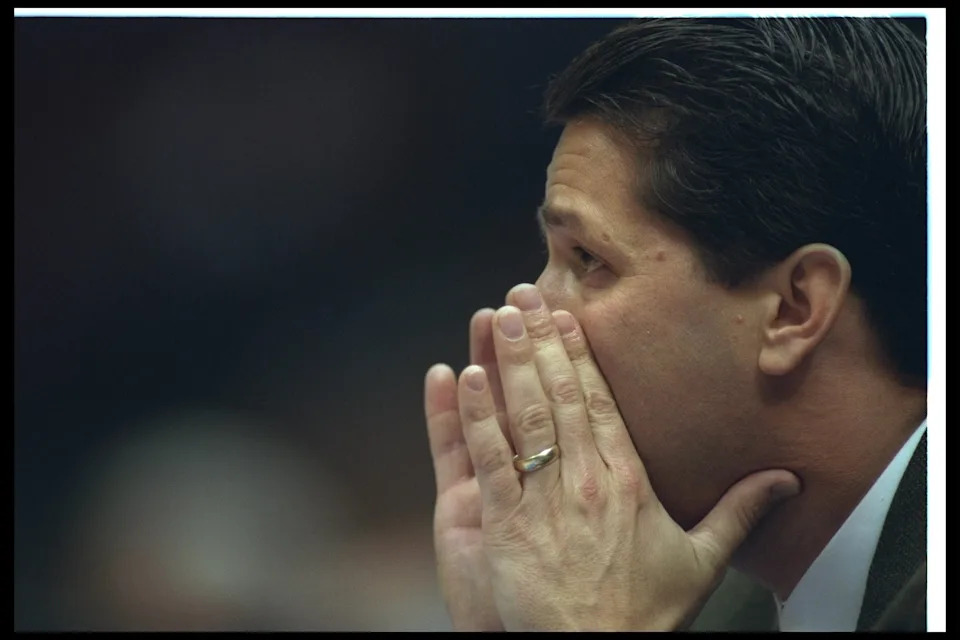 13 Nov 1996: New Jersey Nets head coach John Calipari looks on during a game against the Washington Bullets at the Continental Airlines Arena in East Rutherford, New Jersey. The Bullets won the game, 106-91.