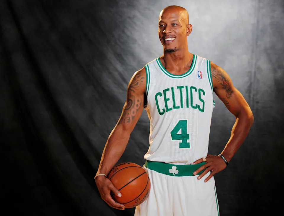 Sep 30, 2013; Waltham, MA, USA; Boston Celtics forward/guard Keith Bogans (4) poses for pictures during media day at the Celtics Practice Facility. Mandatory Credit: David Butler II-USA TODAY Sports
