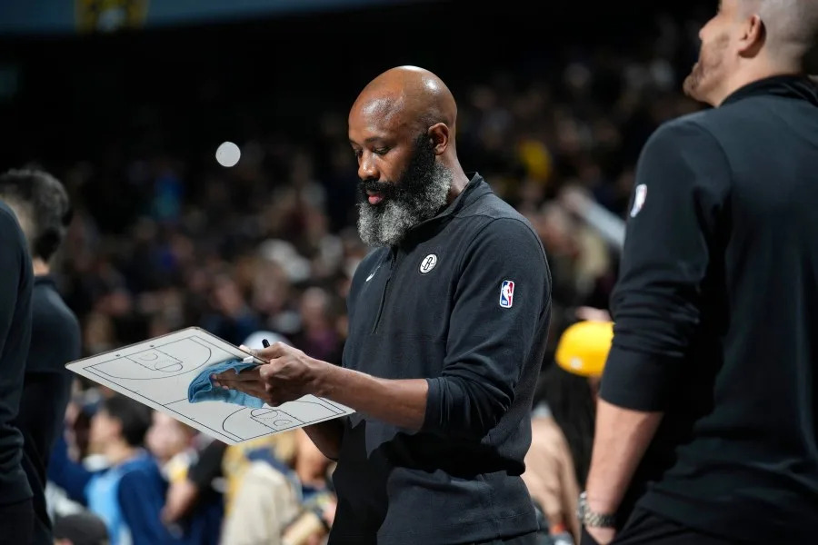 Brooklyn Nets head coach Jacque Vaughn () in the first half of an NBA basketball game Thursday, Dec. 14, 2023, in Denver. (AP Photo/David Zalubowski)