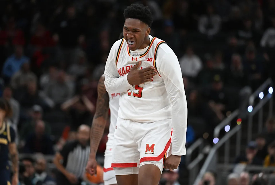 Mar 15, 2025; Indianapolis, IN, USA; Maryland Terrapins center Derik Queen (25) celebrates after a play during the second half against the Michigan Wolverines at Gainbridge Fieldhouse.© Robert Goddin-Imagn Images