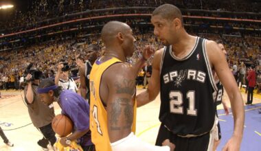 Classic NBA moment between Kobe Bryant and Tim Duncan
