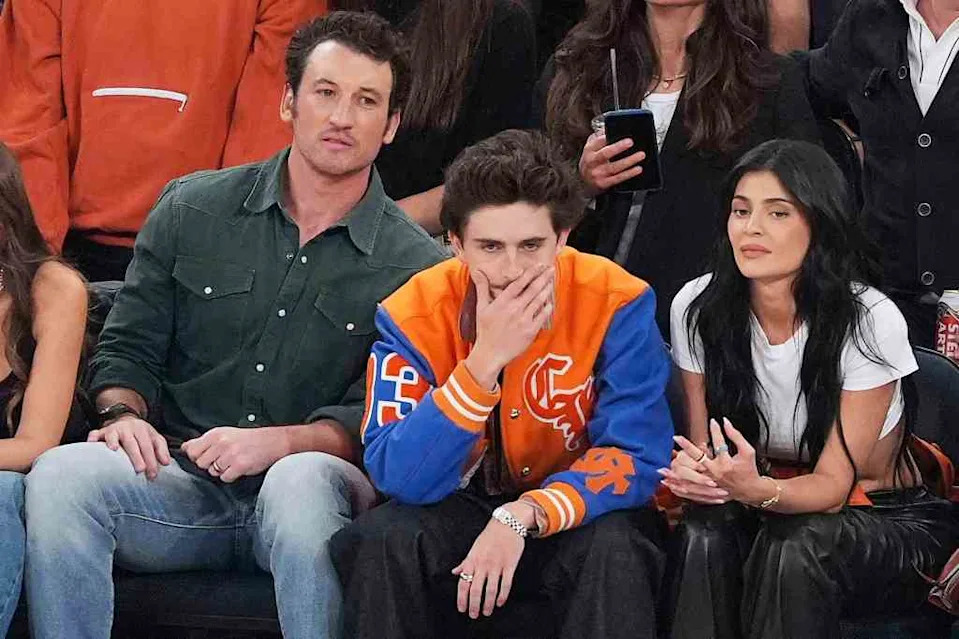 Miles Teller, Timothee Chalamet and Kylie Jenner at Game 5 on May 29, 2025. AP