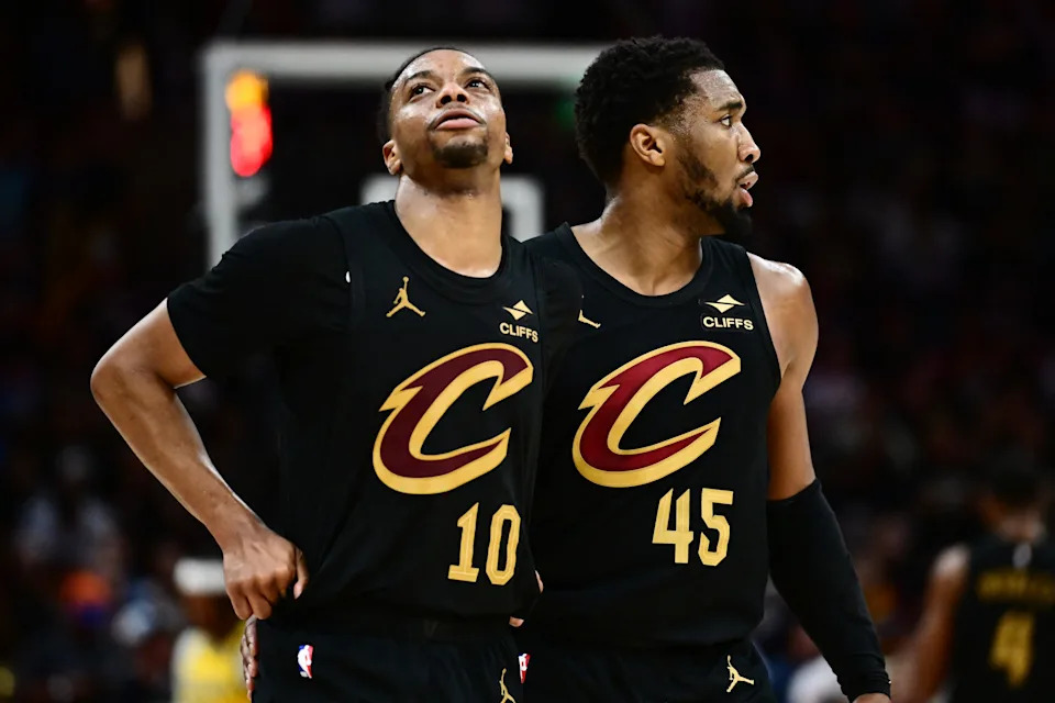 Cavaliers guards Darius Garland (left) and Donovan Mitchell react during the second half against the Indiana Pacers in Game 5 in the second round of the NBA playoffs, May 13, 2025, in Cleveland.