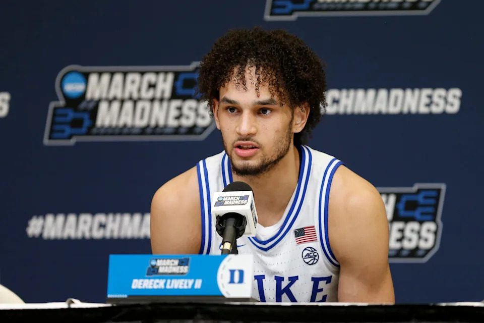 Duke Blue Devils center Dereck Lively II speaks to the media after the game against the Oral Roberts Golden Eagles at Amway Center.