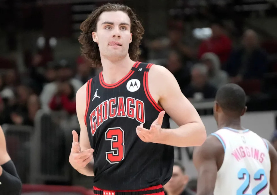 Chicago Bulls guard Josh Giddey gestures after making a shot against the Miami Heat at United Center.David Banks-Imagn Images