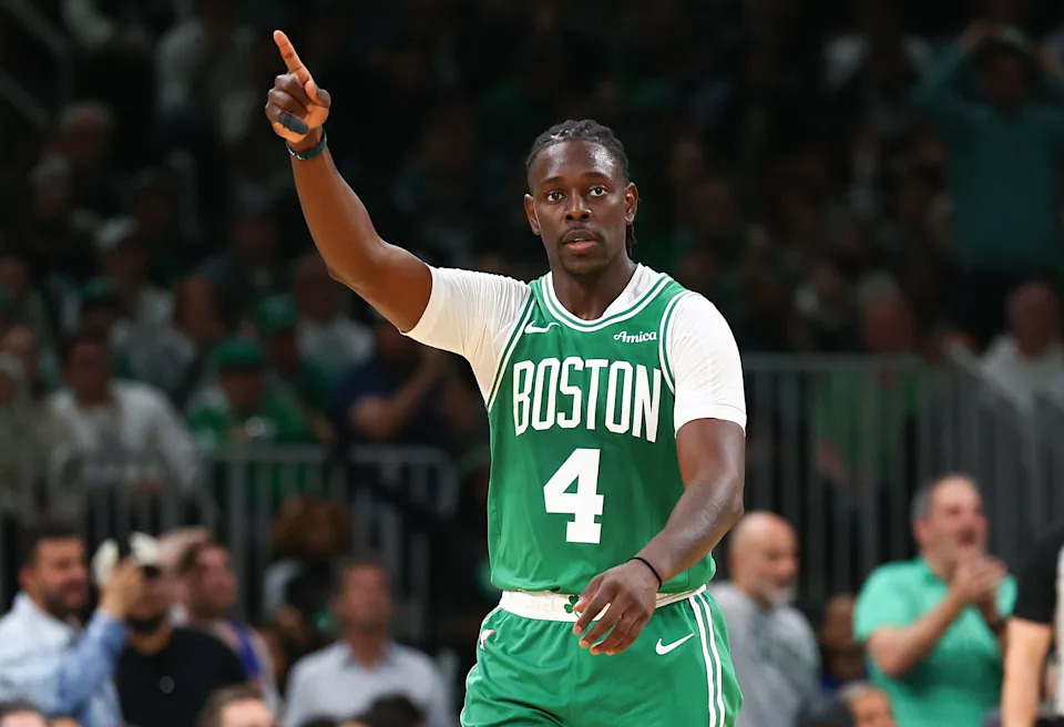 BOSTON, MASSACHUSETTS - MAY 07: Jrue Holiday #4 of the Boston Celtics celebrates during the third quarter against the New York Knicks in Game Two of the Eastern Conference Second Round NBA Playoffs at TD Garden on May 07, 2025 in Boston, Massachusetts. NOTE TO USER: User expressly acknowledges and agrees that, by downloading and or using this photograph, User is consenting to the terms and conditions of the Getty Images License Agreement. (Photo by Maddie Meyer/Getty Images)