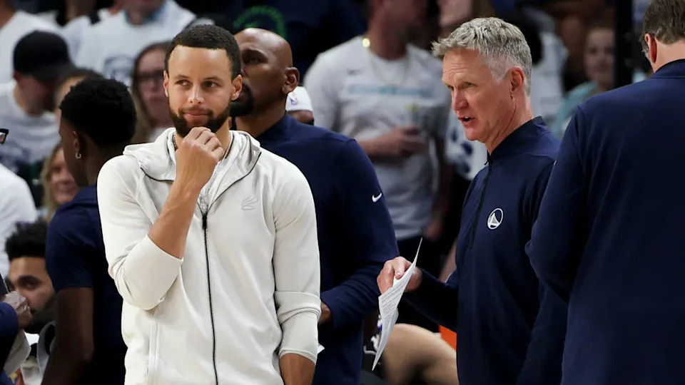 MINNEAPOLIS, MINNESOTA - MAY 14: Stephen Curry #30 of the Golden State Warriors, who is injured, reacts on the bench during the fourth quarter of Game Five of the Western Conference Second Round NBA Playoffs against the Minnesota Timberwolves at Target Center on May 14, 2025 in Minneapolis, Minnesota. NOTE TO USER: User expressly acknowledges and agrees that, by downloading and or using this photograph, User is consenting to the terms and conditions of the Getty Images License Agreement. (Photo by Ellen Schmidt/Getty Images)
