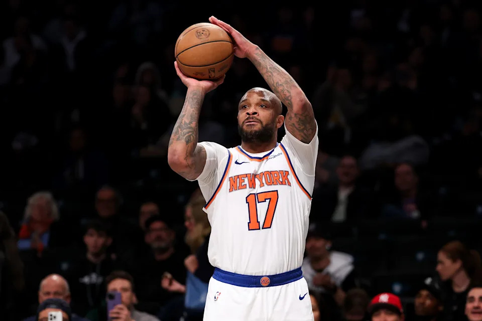 NEW YORK, NEW YORK - APRIL 13: P.J. Tucker #17 of the New York Knicks attempts a shot during the second half against the Brooklyn Nets at Barclays Center on April 13, 2025 in New York City. NOTE TO USER: User expressly acknowledges and agrees that, by downloading and or using this photograph, User is consenting to the terms and conditions of the Getty Images License Agreement. (Photo by Jordan Bank/Getty Images)