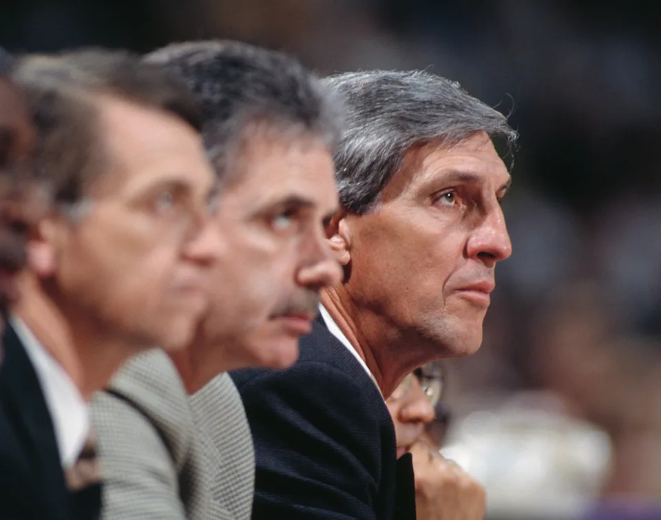 Jerry Sloan, head coach for the Utah Jazz during the NBA Western Conference playoff game against the Los Angeles Lakers on May 8, 1997 at the Forum, California, United States. The Lakers won the game 84 - 71.