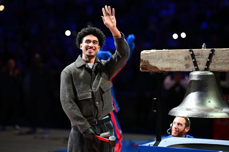 Philadelphia 76ers guard Jared McCain reacts before the game against the Denver Nuggets at Wells Fargo Center.