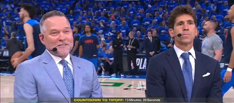 Two sportscasters on set discussing the Timberwolves vs. Thunder game.