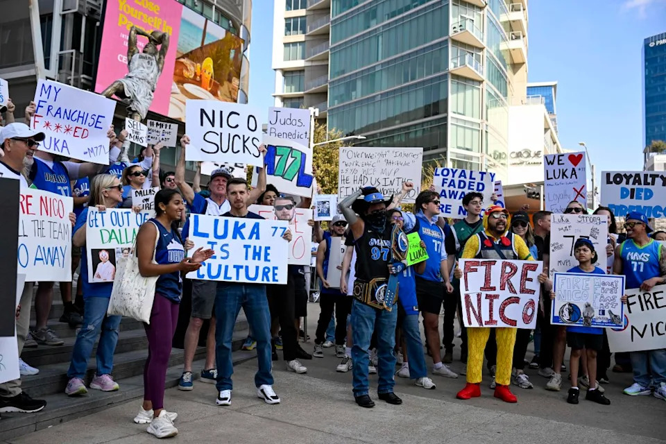 Dallas Mavericks fans gather outside the arena.Jerome Miron-Imagn Images