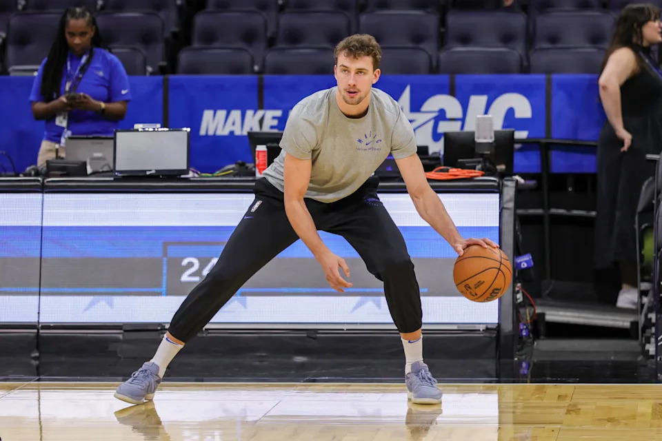 Apr 8, 2025; Orlando, Florida, USA; Orlando Magic forward Franz Wagner (22) warms up before the game against the Atlanta Hawks at Kia Center.Mike Watters-Imagn Images