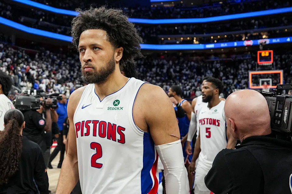 Detroit Pistons guard Cade Cunningham (2) walks off the court after 116-113 loss to New York Knicks in the Game 6 of Eastern Conference playoff first round at Little Caesars Arena in Detroit on Thursday, May 1, 2025.