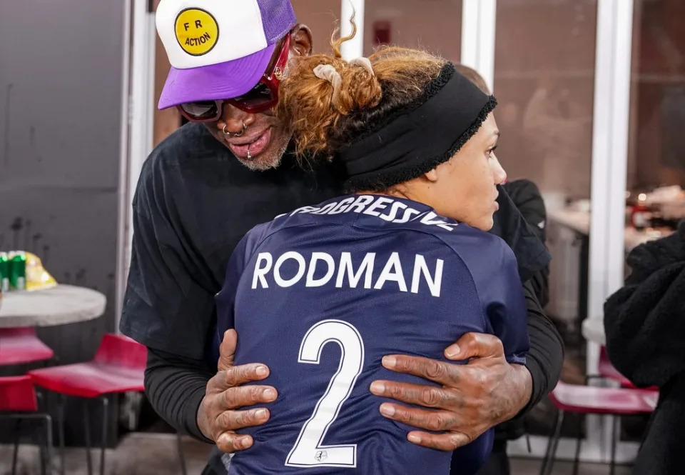 <p>Dennis Rodman and Trinity Rodman</p>