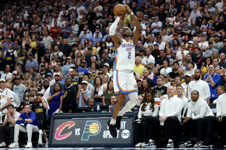 Shai Gilgeous-Alexander of the Oklahoma City Thunder shoots the ball in the Thunder's victory over the Denver Nuggets in game four of their NBA playoff series (MATTHEW STOCKMAN)
