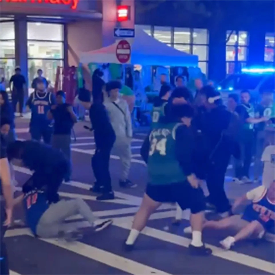 Multiple fights broke out outside TD Garden after the Knicks beat the Celtics 91-90 for a 2-0 lead in the Eastern Conference semifinals in Boston on May 7, 2025. X/@CelticsGRD
