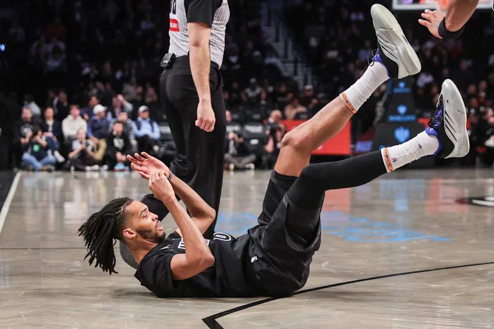 Brooklyn Nets forward Dariq Whitehead lays on the floor after getting fouled in the second quarter against the New Orleans Pelicans at Barclays Center.