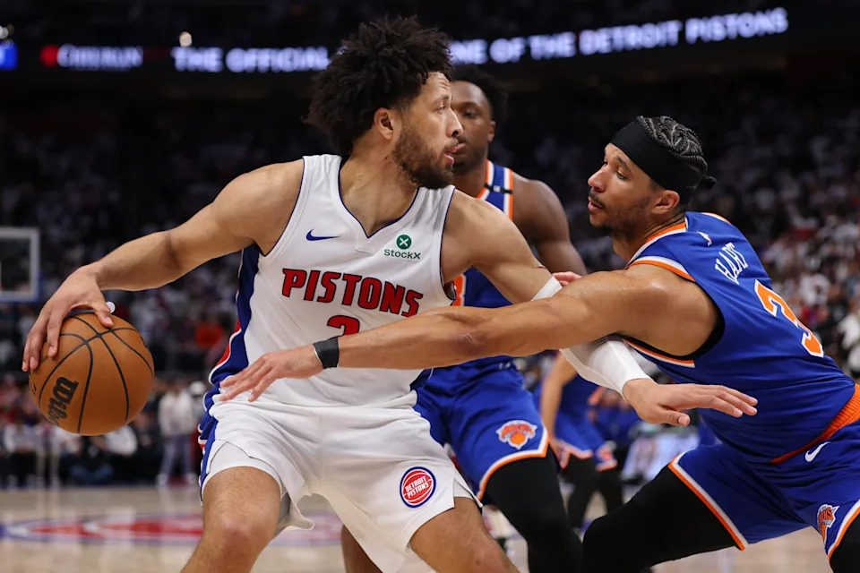 DETROIT, MICHIGAN - MAY 01: Josh Hart #3 of the New York Knicks defends against Cade Cunningham #2 of the Detroit Pistons during the fourth quarter in Game Six of the Eastern Conference First Round NBA Playoffs at Little Caesars Arena on May 01, 2025 in Detroit, Michigan. NOTE TO USER: User expressly acknowledges and agrees that, by downloading and or using this photograph, User is consenting to the terms and conditions of the Getty Images License Agreement. (Photo by Gregory Shamus/Getty Images)