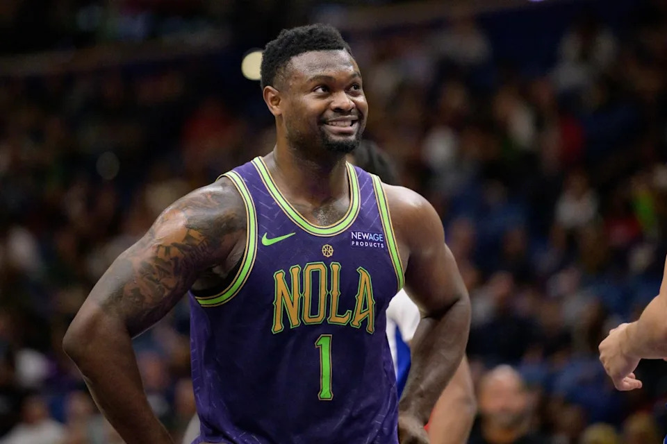 New Orleans Pelicans forward Zion Williamson (1) reacts during the first half against the Detroit Pistons at Smoothie King Center.Mandatory Credit: Matthew Hinton-Imagn Images