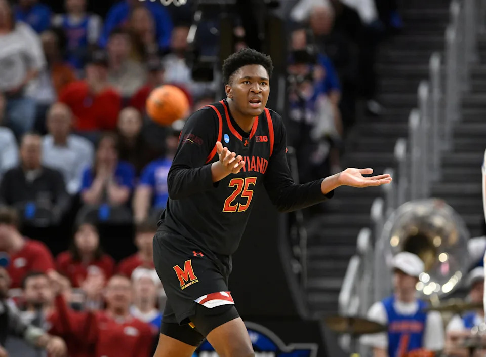 Mar 27, 2025; San Francisco, CA, USA: Maryland Terrapins center Derik Queen (25) reacts during the second half against the Florida Gators during a West Regional semifinal of the 2025 NCAA tournament at Chase Center. Mandatory Credit: Eakin Howard-Imagn Images