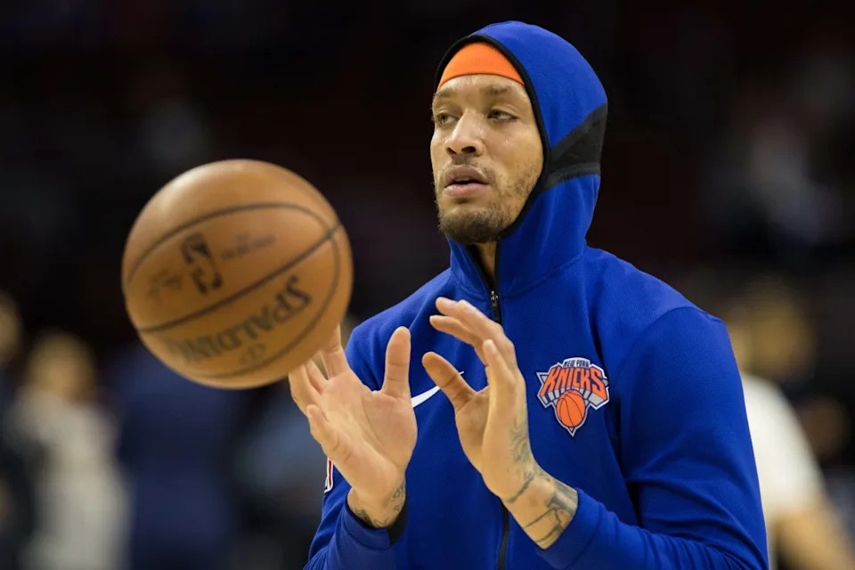 Mar 28, 2018; Philadelphia, PA, USA; New York Knicks forward Michael Beasley (8) before a game against the Philadelphia 76ers at Wells Fargo Center. © Bill Streicher-Imagn Images