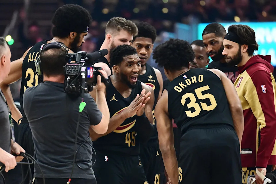 May 13, 2025; Cleveland, Ohio, USA; Cleveland Cavaliers guard Donovan Mitchell (45) talks to the during the first half of game five against the Indiana Pacers in the second round for the 2025 NBA Playoffs at Rocket Arena. Mandatory Credit: Ken Blaze-Imagn Images