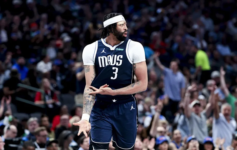 Dallas Mavericks forward Anthony Davis reacts after scoring against the Atlanta Hawks.Kevin Jairaj-Imagn Images