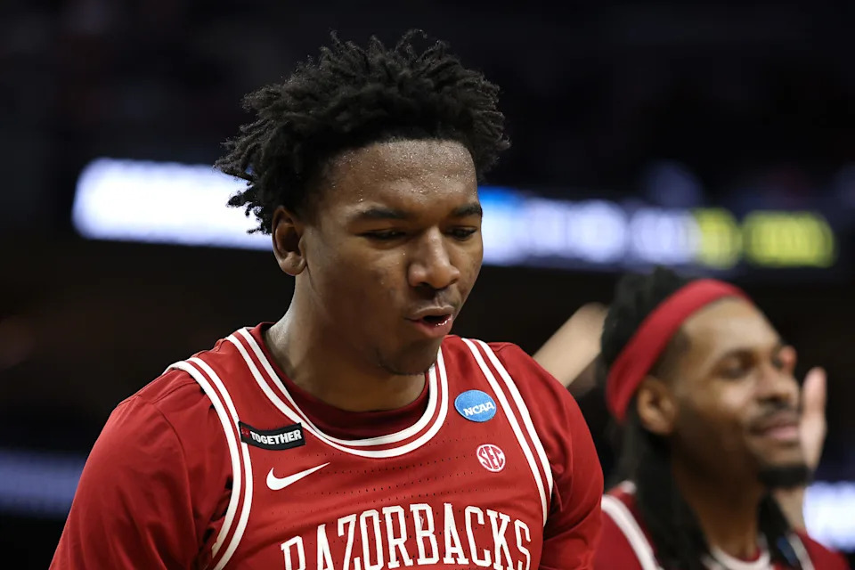 SAN FRANCISCO, CALIFORNIA - MARCH 27: Karter Knox #11 of the Arkansas Razorbacks reacts during the second half against the Texas Tech Red Raiders in the West Regional Sweet Sixteen round of the NCAA Men's Basketball Tournament at Chase Center on March 27, 2025 in San Francisco, California. (Photo by Ezra Shaw/Getty Images)