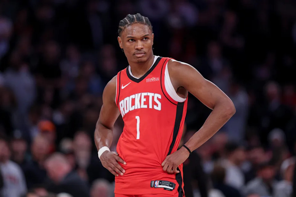 Houston Rockets forward Amen Thompson (1) reacts during the second half against the New York Knicks at Madison Square Garden. Mandatory Credit: Vincent Carchietta-Imagn ImagesMandatory Credit: Vincent Carchietta-Imagn Images