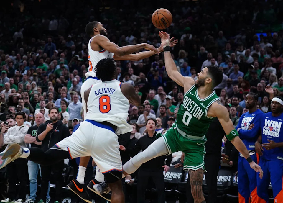 Boston Celtics forward Jayson Tatum (0) in Game 2 versus the New York Knicks.© David Butler II-Imagn Images