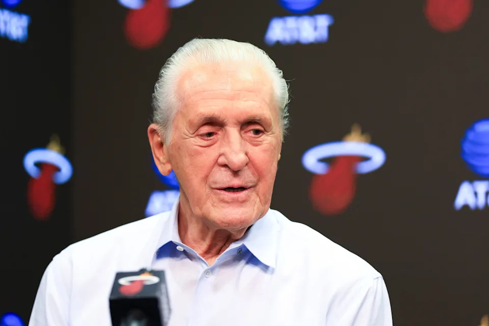 MIAMI, FLORIDA - FEBRUARY 09: Pat Riley speaks to media at Kaseya Center on February 09, 2025 in Miami, Florida. (Photo by Carmen Mandato/Getty Images)