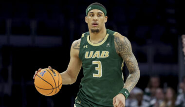 UAB forward Yaxel Lendeborg (3) brings the ball down court during the first half of an NCAA college...