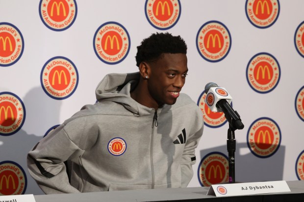 AJ Dybantsa, of Utah Prep Academy High School, who has committed to BYU next year, takes questions during the McDonald's All American Games Media Day, Monday, March 31, 2025 in New York. (Jason DeCrow/AP Content Services for McDonald's)
