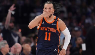 New York Knicks' Jalen Brunson (11) gestures after making a three-point shot during the second half of Game 4 in the Eastern Conference semifinals of the NBA basketball playoffs against the Boston Celtics Monday, May 12, 2025, in New York. (AP Photo/Frank Franklin II)