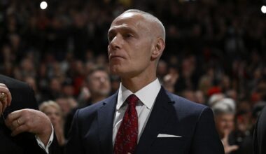 Big 12 Commissioner Brett Yormark stands on the sideline before an NCAA college basketball game between Texas Tech and Houston Monday, Feb. 24, 2025, in Lubbock, Texas. (AP Photo/Justin Rex)