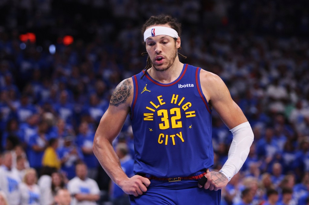Denver Nuggets' Aaron Gordon (32) walks on the court late in the second half of Game 5 of an NBA basketball second-round playoff series against the Oklahoma City Thunder Tuesday, May 13, 2025, in Oklahoma City.