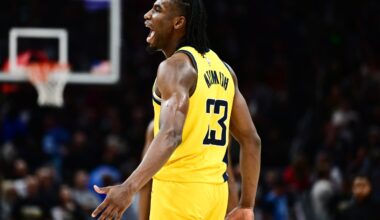 Indiana Pacers forward Aaron Nesmith (23) celebrates during the second half of game five against the Cleveland Cavaliers in the second round for the 2025 NBA Playoffs at Rocket Arena.