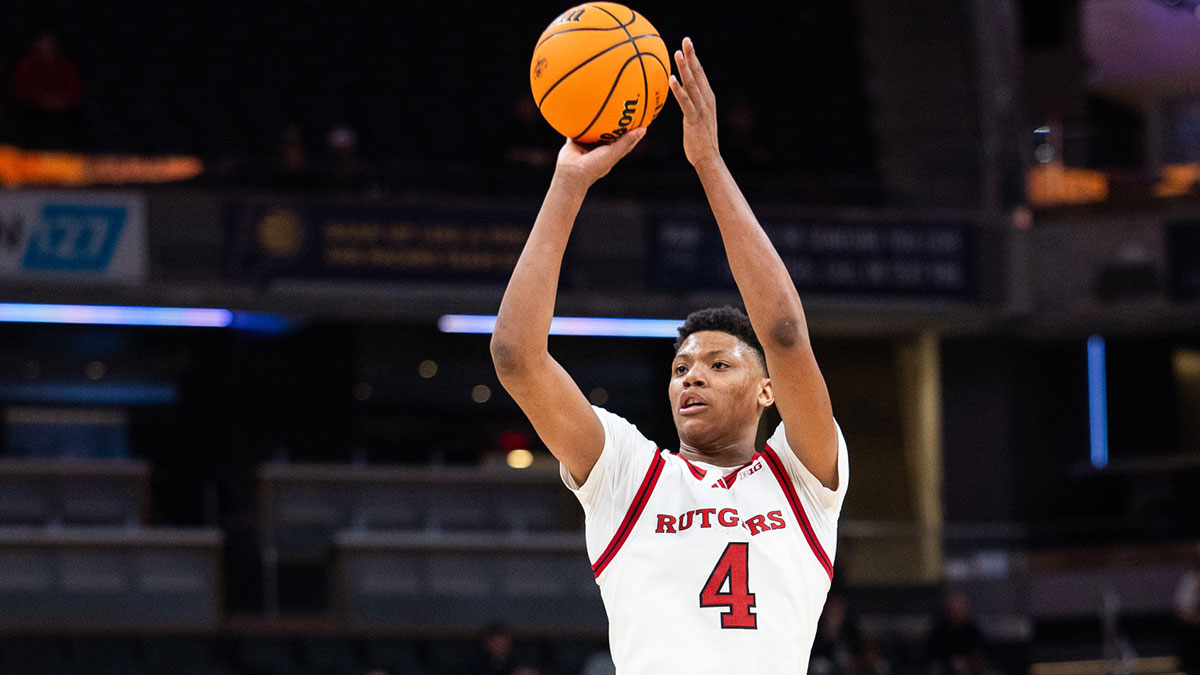 Rutgers Scarlet Knights guard Ace Bailey (4) shoots the ball in the second half against the USC Trojans at Gainbridge Fieldhouse.