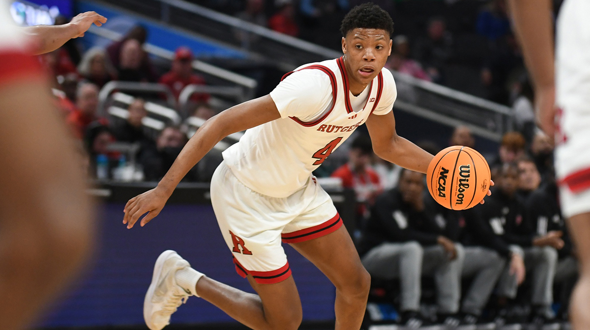 Rutgers Scarlet Knights guard Ace Bailey (4) goes to the basket during the first half against the USC Trojans at Gainbridge Fieldhouse.