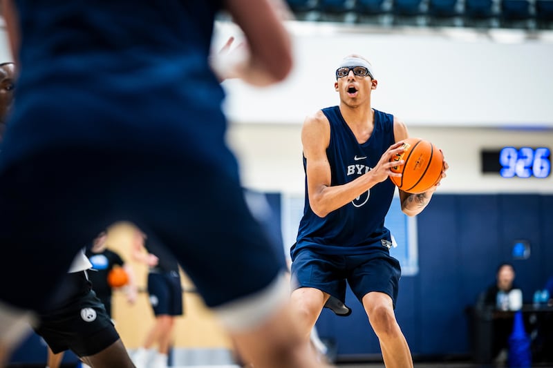 BYU center Xavion Staton in action during the first day of spring practice, May 5, 2025, at the Marriott Center Annex in Provo.