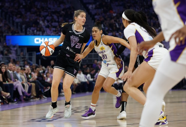 Valkyries' Kate Martin (20) dribbles the ball against Sparks' Kelsey Plum (10) in the first quarter at the Chase Center in San Francisco, Calif., on Friday, May 16, 2025. (Shae Hammond/Bay Area News Group)