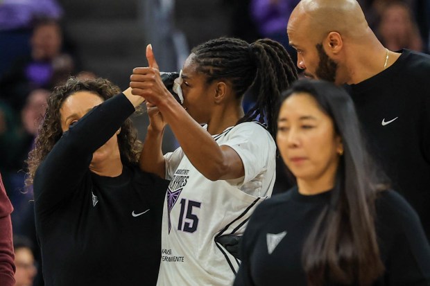 Golden State Valkyries' Tiffany Hayes (15) gives the thumbs up as she leaves the game after she was fouled by Washington Mystics in the second quarter of a WNBA game at Chase Center in San Francisco, Calif., on Wednesday, May 21, 2025. (Ray Chavez/Bay Area News Group)