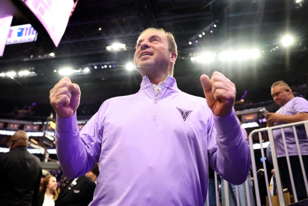 Golden State Valkyries owner Joe Lacob walks off the floor as he celebrates with fans after their Valkyries win against the Washington Mystics at Chase Center in San Francisco, Calif., on Wednesday, May 21, 2025. (Ray Chavez/Bay Area News Group)