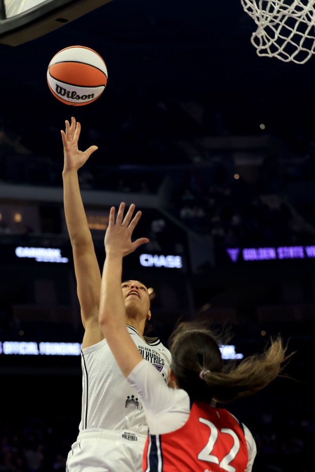 Golden State Valkyries' Janelle Salaun (13) makes a shot against the Washington Mystics' Sonia Citron (22) in the first quarter of a WNBA game at Chase Center in San Francisco, Calif., on Wednesday, May 21, 2025. (Ray Chavez/Bay Area News Group)