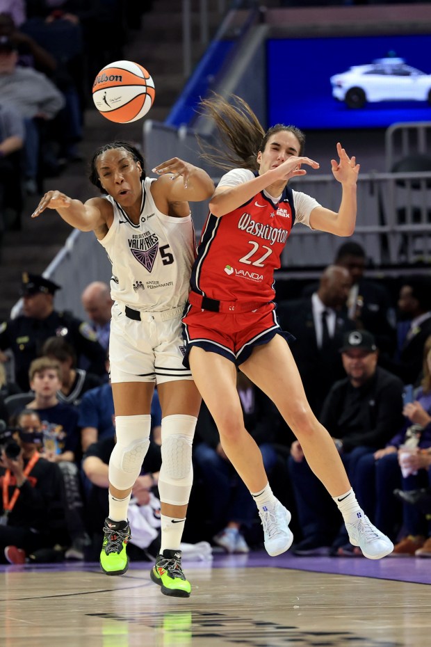 Golden State Valkyries' Kayla Thornton (5) blocks a pass intended to Washington Mystics' Sonia Citron (22) n the second quarter of a WNBA game at Chase Center in San Francisco, Calif., on Wednesday, May 21, 2025. (Ray Chavez/Bay Area News Group)